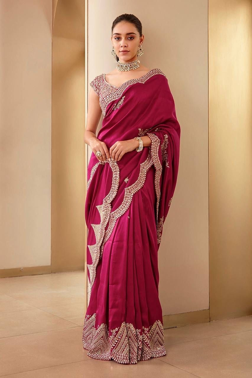 Saira Scalloped Scarlet Sari (Pre order)