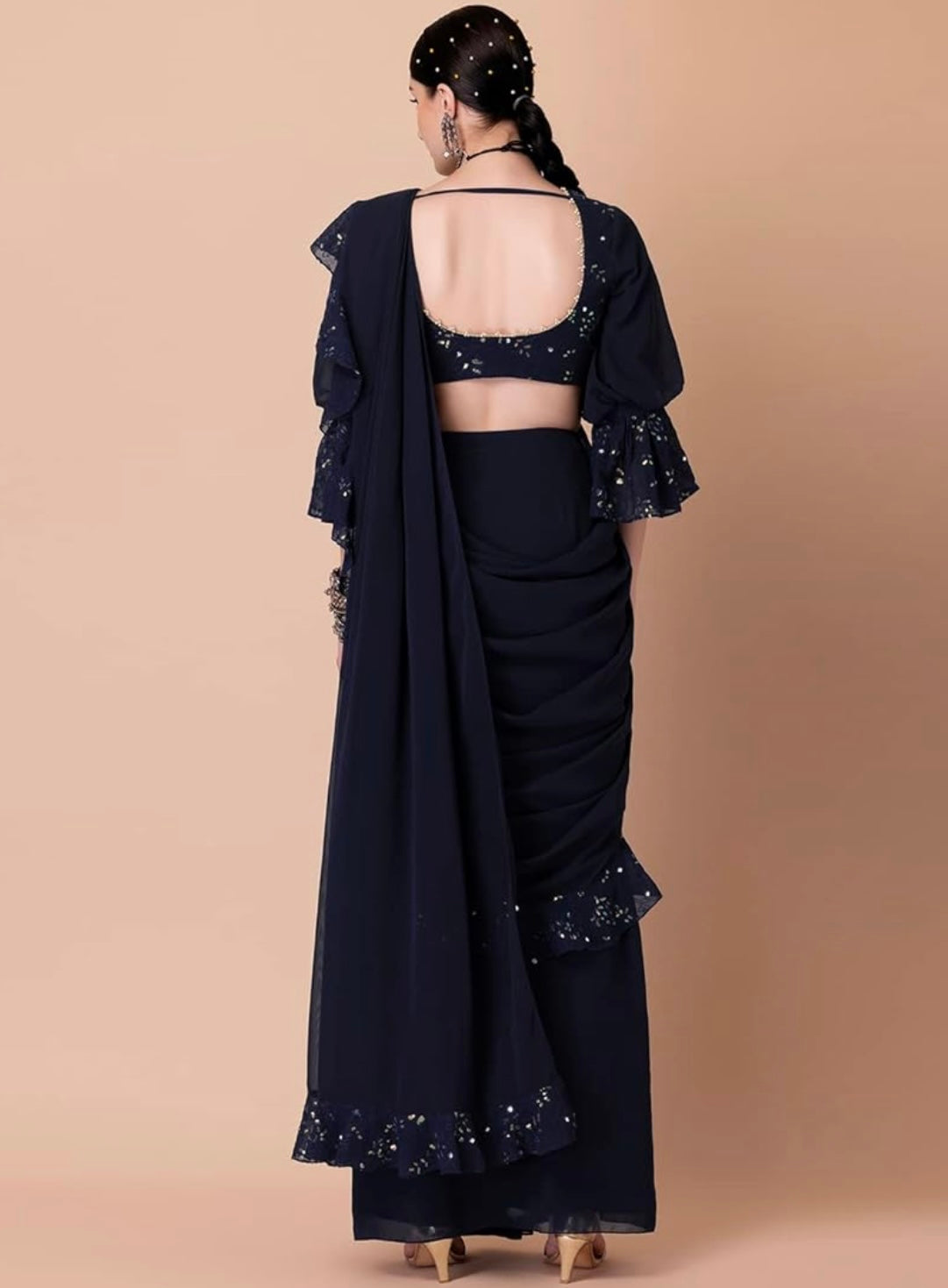 Indira Women's Sequin Embroidered Ruffled Pre-Stitched Saree by Indya