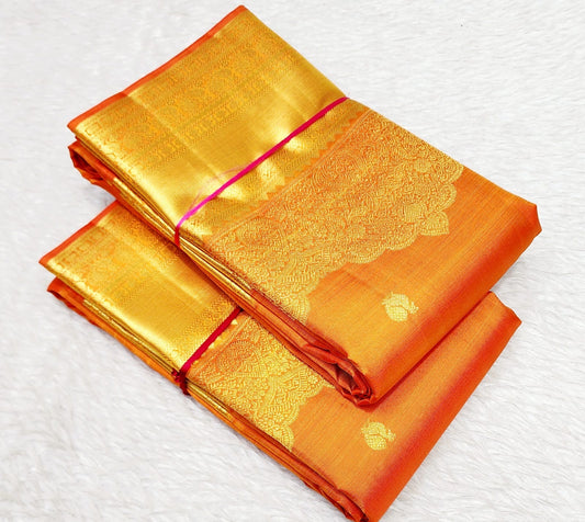 Kavita Orange Kanchipuram Silk Saree with 2G Gold Zari & Turning Border – Pure Handwoven Bridal Saree (Preorder)