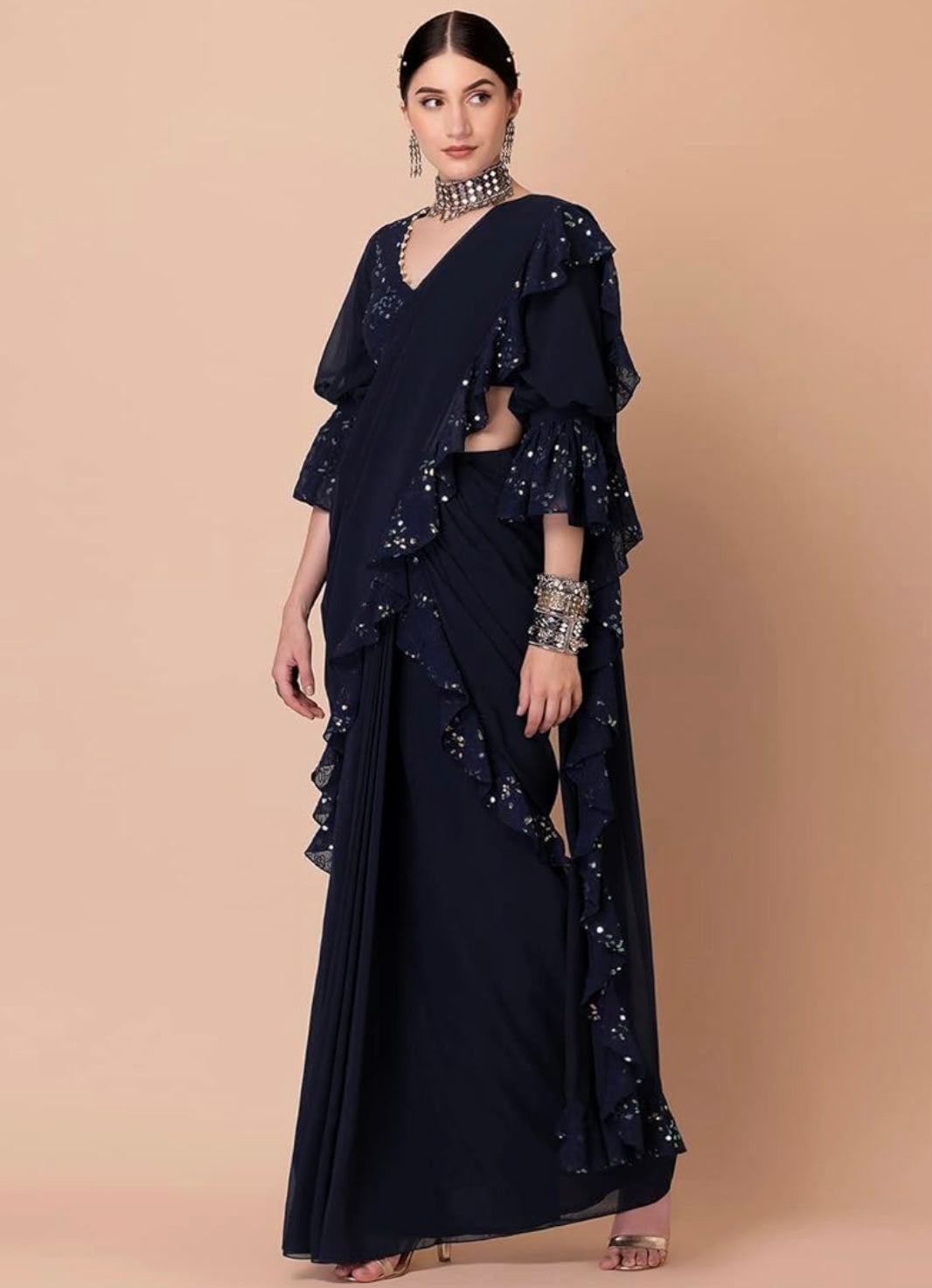 Indira Women's Sequin Embroidered Ruffled Pre-Stitched Saree by Indya