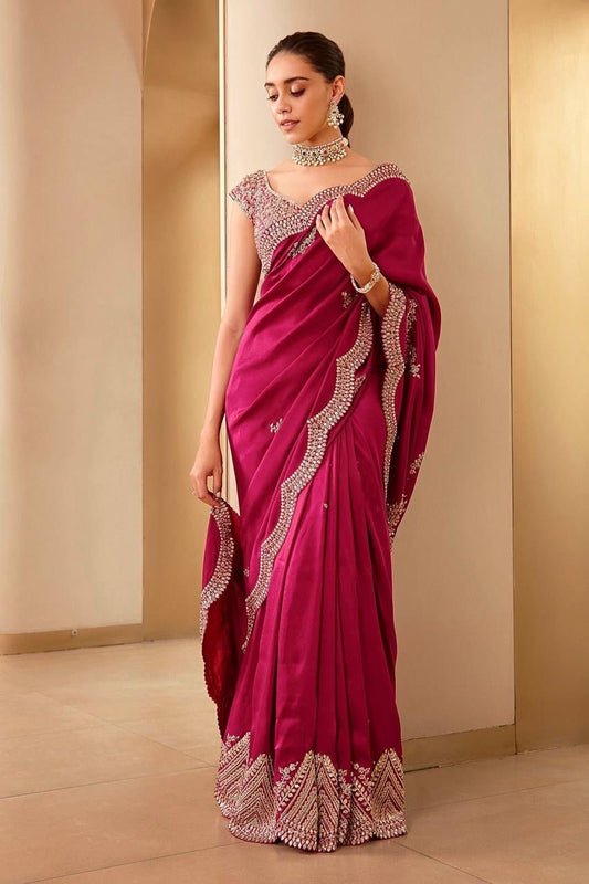 Saira Scalloped Scarlet Sari (Pre order)