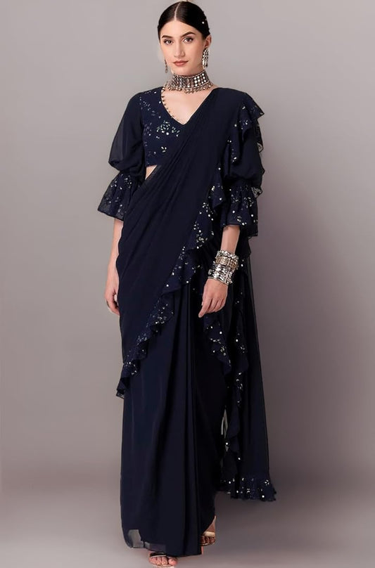 Indira Women's Sequin Embroidered Ruffled Pre-Stitched Saree by Indya