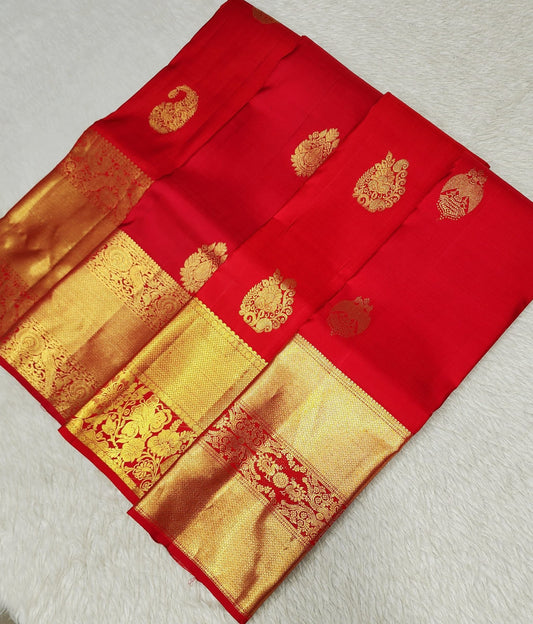 Kanchan Red Kanchipuram Silk Saree with Big Border – Pure Handwoven Bridal Saree with Gold Zari (Pre Order)