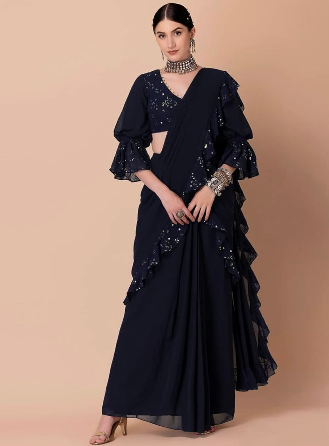Indira Women's Sequin Embroidered Ruffled Pre-Stitched Saree by Indya